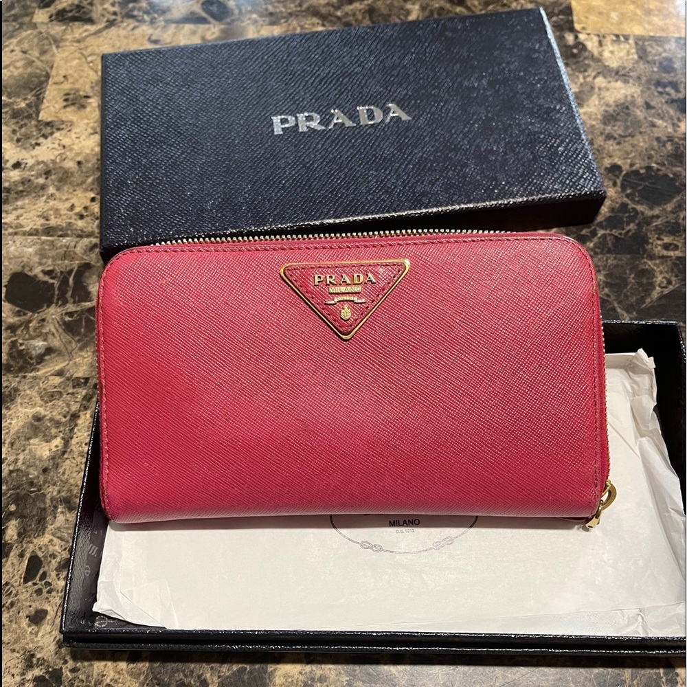 Prada logo plaque zip around wallet